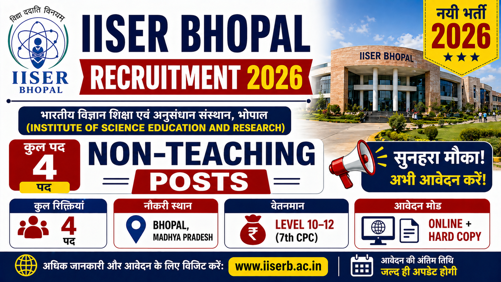 IISER Bhopal Recruitment 2026 for 4 Non-Teaching Posts