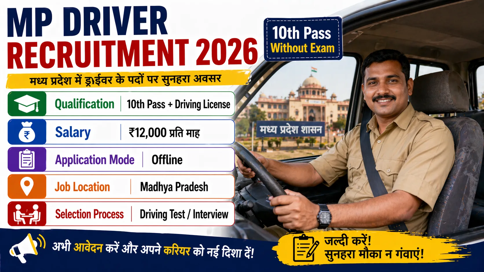 MP Driver Recruitment 2026 for 10th Pass Without Exam